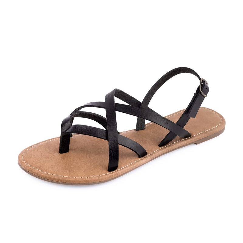 Huayuanwell Women's Gladiator Flat Sandals Fisherman Strappy Sandals Ankle Strap Sandals (9, Black) - Image 1